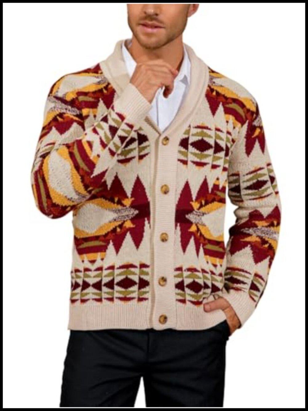 Aztec Cardigan Shawl Collar Button Down Western Sweater Coat Pockets